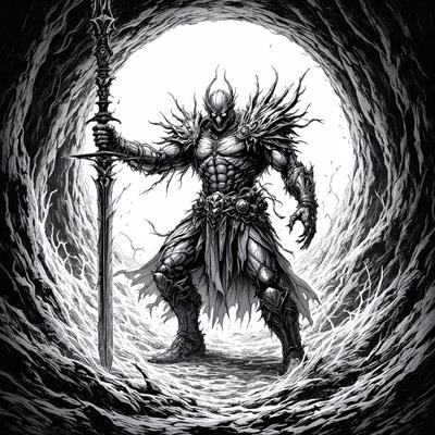 The primary subject of the image is a man dressed in a suit of armor, holding a sword. He appears to be a warrior or a knight, standing in a dark and ominous setting. The visual style of the image is a black and white illustration, giving it a classic and dramatic feel. The colors and mood of the image are dark and intense, with the man's armor and the sword creating a sense of power and danger.